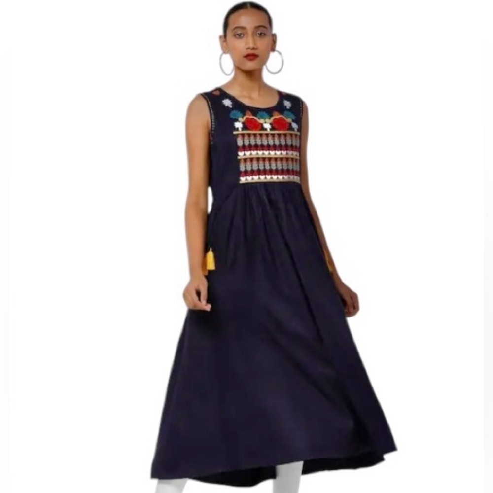 FUSION Women’s Embroidered Sleeveless Flared Navy Blue Midi Boho Dress Sz Small
